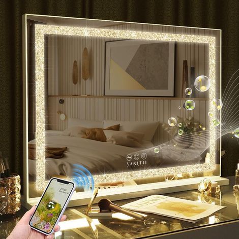 FENCHILIN Miroir éclairé avec trois effets lumineux réglables Miroir de courtoisie double usage mural ou de table Miroir de salle de bain Grand miroir blanc 80cm x 58cm (1/5)