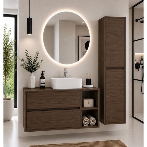 Mobile bagno con top in legno e lavabo da appoggio ORIGENBATH ZEUS senza specchio 100x45 cm Destra frassino tea con colonna (1/5)