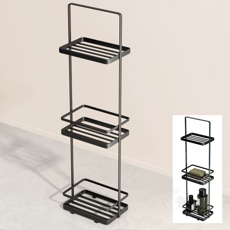 doporro Duschablage ohne Bohren, 3 Ebenen Badregal Stehend, Duschregal Schmales aus Metall, Modernes Design für Badezimmer und Toilette, Schwarz