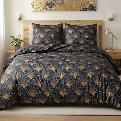 Parure housse de couette 260x240cm + 2 taies motif rétro bleu nuit et jaune 100% microfibre - BARITON (1/4)