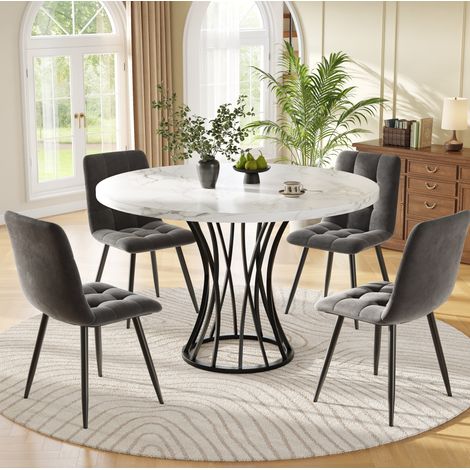 FLORAGRACE Table à manger ronde 5 pièces, ensemble de cuisine moderne avec 4 chaises en velours gris, plateau MDF blanc, pieds métal noirs (1/5)