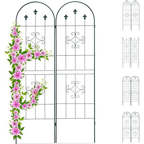 Relaxdays Trellis Set of 2, Metal, 180 x 50 cm, Garden Climbing Aid, Vintage, Ornate Tips + Arch, Freestanding, Green
