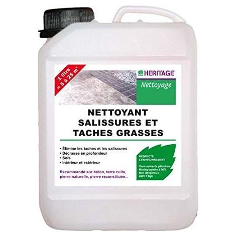 Nettoyant salissures et taches grasses pour sols intérieur/extérieur – Écologique – 2L – Pour balcons, terrasses, dalles en pierre, béton – Heritage