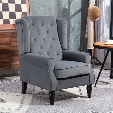 Fauteuil à oreilles, fauteuil de relaxation, fauteuil de jardin, style vintage, coutures boutonnées, pieds tournés, 74 cm x 86 cm x 102 cm, gris (1/4)