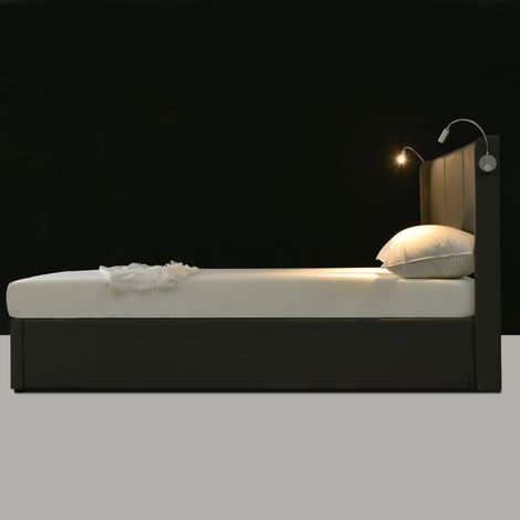 Lit adolescents 140x200 cm, espace de rangement et armoire à jouets, lumière lecture, charge USB. Structure PU, pieds métalliques (sans matelas). (1/5)