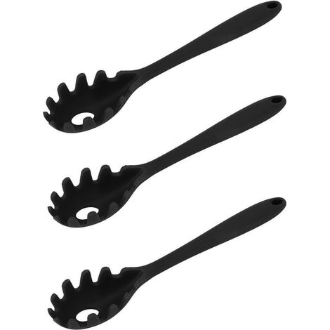 Ensemble de 3 cuillères à spaghetti en silicone alimentaire résistant à la chaleur, utilisables en 1 pièce. Cuillère et fourchette à spaghetti en silicone noir. (1/5)