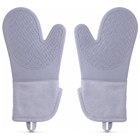 Lot de 2 gants de four – Silicone – 230°C – Doublure coton – Gris – Antidérapant – Cuisson (1/5)