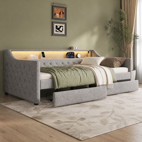 Cama de día 90 x 200 cm con somier, 2 cajones, LED y USB, gris HAVRYA (1/5)
