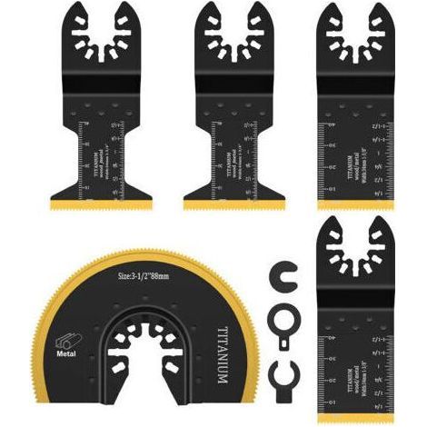 Outil Multifonction Lame de Scie Oscillante Titane, 5pcs Lame Outil Multifonction Accessoires pour Plastique, Bois, Métal, Compatible avec Fein Dewalt Makita Parkside Black&Decker et Plus (1/5)