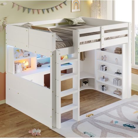Lit mezzanine 140x200 cm blanc en pin avec bureau, rangements et éclairage LED (1/5)