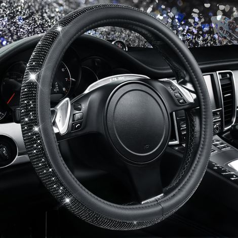 Housse de volant en cuir Bling Diamond ornée de strass scintillants, universelle (37-38 cm), pour femmes, filles, SUV, fourgonnettes, berlines, voitures et camions, coloris Noir Diamant