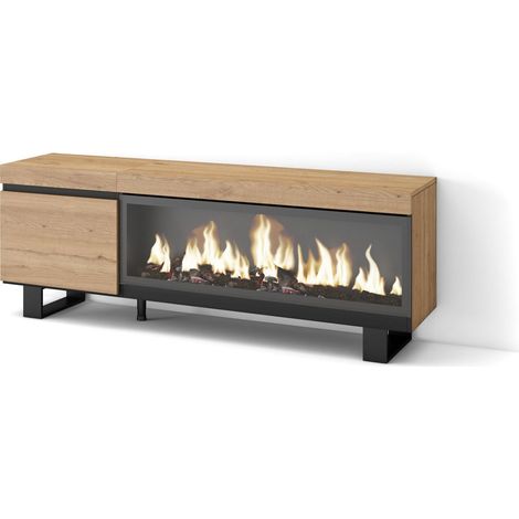 Skraut Home – Meuble TV avec cheminée électrique XXL – Grand rangement chêne noir – Dimensions 158x35x57cm – Pour TV jusqu'à 65" – Design industriel moderne (1/5)