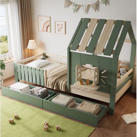 Lit cabane enfant 90x200 cm en bois vert, avec rangement, pour chambre d'enfant FloraGrace (1/5)