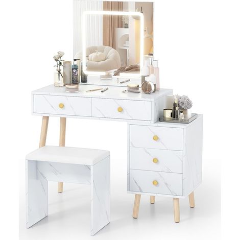 COSTWAY Coiffeuse avec miroir LED, meuble d'appoint et tabouret rembourré, coiffeuse avec 3 modes d'éclairage, 5 tiroirs, ensemble coiffeuse aspect marbre et pieds en chêne, 100 x 45 x 130 cm (1/5)