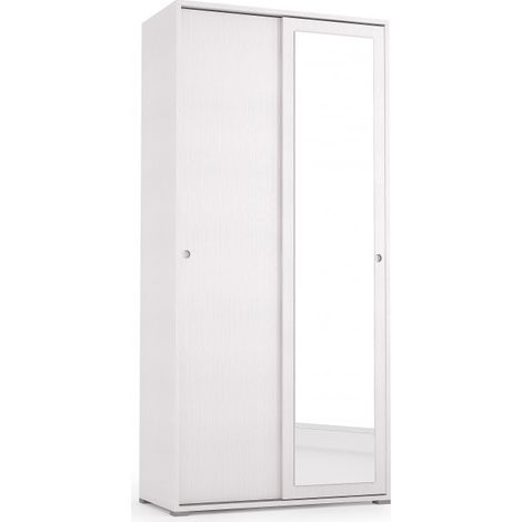 Abitare – Armoire 90x195h blanc frêne avec 2 portes coulissantes et miroir – Panneau mélaminé E1 thermostructuré – Optimise l'espace