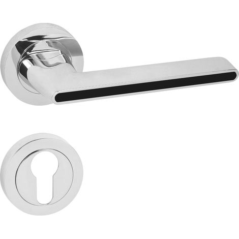 DOMINO Poignée de porte ONYKS R M6 Noir PZ Poignée avec plaque PZ pour cylindre profilé Chrome brillant/noir (1/5)