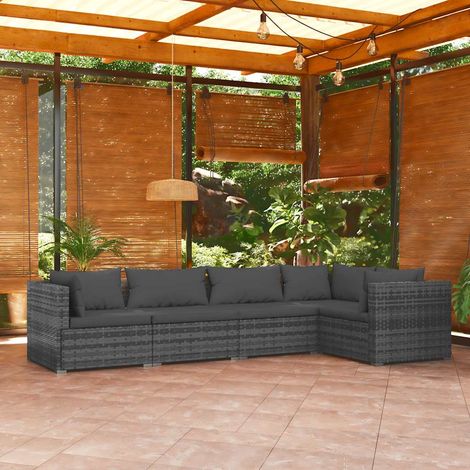 5-tlg. Garten-Lounge-Set mit Kissen Poly Rattan Grau (1/5)