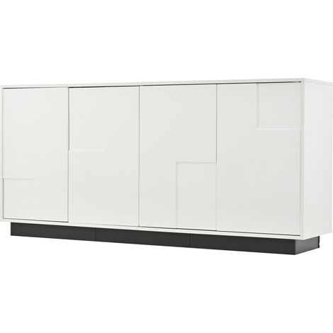 Buffet de salon 4 portes en panneaux de particules blanc et noir, 160 x 37 x 75,5 cm, design géométrique brillant (1/5)