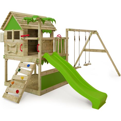 FATMOOSE Spielturm Klettergerüst TikaTaka mit Rutsche & Schaukel, Kletterturm mit Sandkasten, Leiter & Spiel-Zubehör - Apfelgrün (1/5)