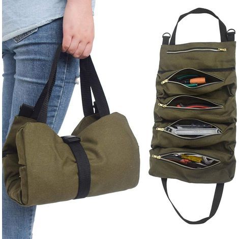 Werkzeugtasche aus Segeltuch, tragbare Mehrzweck-Werkzeugtasche, Schraubenschlüsseltasche mit 5 Reißverschlusstaschen, Werkzeugtasche aus Segeltuch, für Elektriker und Gärtner, olivgrün (1/4)