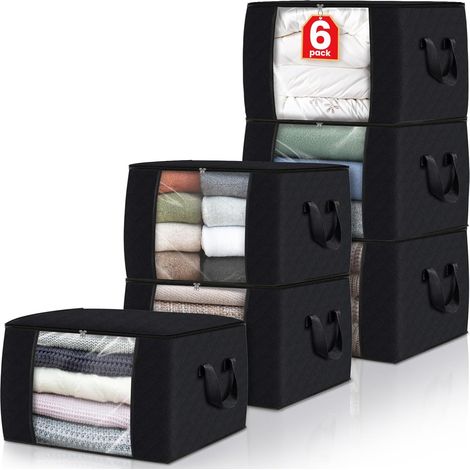 Lot de 6 sacs de rangement pliables pour vêtements de 60 L, adaptés à l'organisation de la chambre, de la garde-robe, des vêtements et des couettes, noirs (1/5)