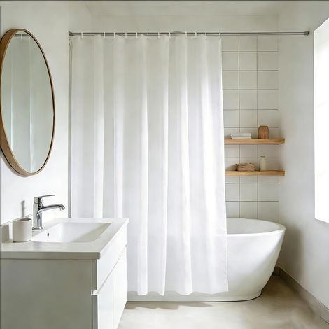 Rideau de Douche 200x200 Blanc, Rideau de Douche Tissu Textile Polyester Lavable en Machine, Largeur 200 x Hauteur 200cm (1/5)