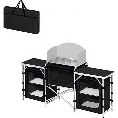 CHICFURN Cocina de camping plegable 175x40x110 cm, aluminio negro, con almacenamiento (1/5)