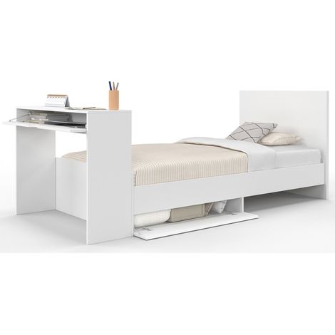 Einzelbett OMAHA 90 x 190 cm mit Lattenrost, Kopfteil, Schreibtisch und Ablagen weiß