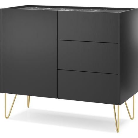 Credenza: 3 cassetti, 1 anta, 2 ripiani, Nero grafite / marmo Nero, 97 x 83 x 37 cm (1/5)