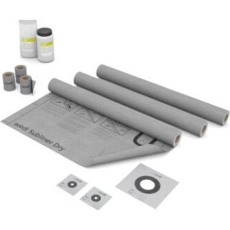Kit d'étanchéité pour mur – Natte wedi Subliner Dry 250x100cm – Bande d'étanchéité 250x12cm – Collerettes DN 90 et 1/2 – Système bi-composant 3,6kg