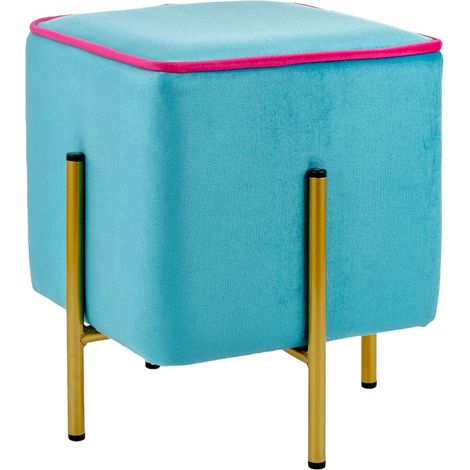 Baroni Home Pouf Poggiapiedi Quadrato in Velluto, Pouf da Salotto Imbottito, Pouf Panchetto per Camera da Letto, Turchese con Bordo Fucsia, 33x33x38 cm (1/3)