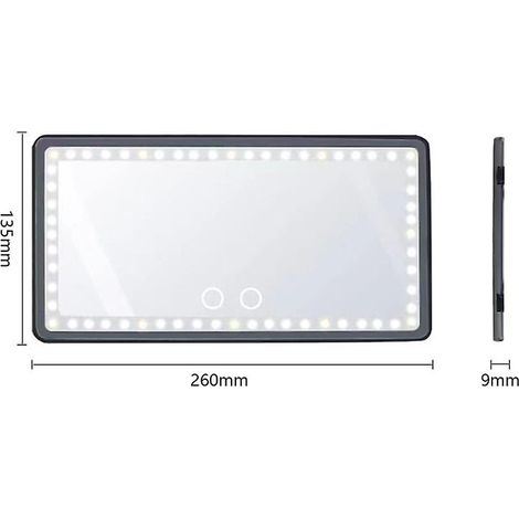 Miroir de courtoisie pour voiture avec écran tactile capacitif, éclairage réglable et LED, idéal pour les retouches maquillage, noir et rechargeable. (1/4)