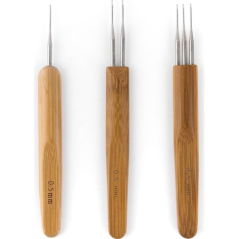 Lot de 3 Crochets pour dreadlocks, acier inoxydable, manche en bambou, 0,5 mm, pour tresses et extensions (1/5)