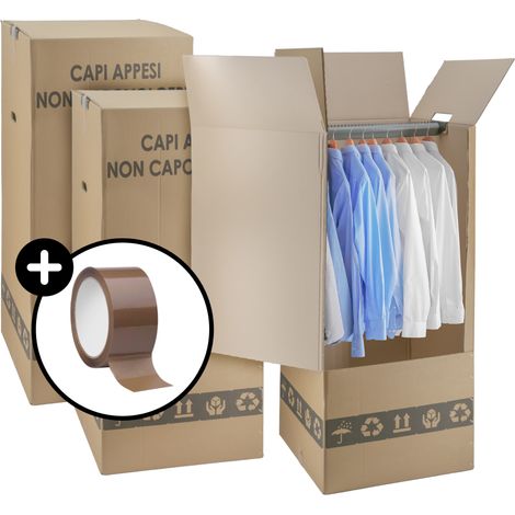 IMBALLAGGI 2000 - Scatole Cartone Porta Abiti con Barra Appendiabiti - 50x50 cm h 120 cm - Scatoloni per Trasloco Armadio - 3 Pezzi + 1 Nastro Adesivo Omaggio