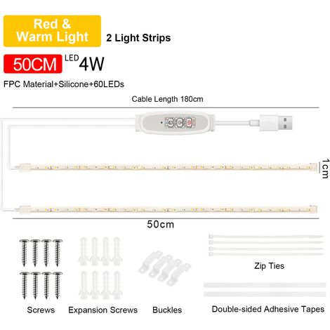 Ortviai Bande LED pour Plantes d'Intérieur – 50 cm, Lumière Rouge & Chaude 3000K, 4 Niveaux de Luminosité, Minuterie Intelligente 24 h