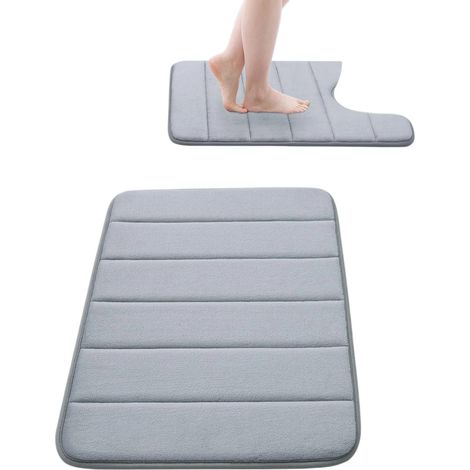Lot de 2 tapis de bain en mousse à mémoire de forme : tapis de bain 61 x 41 cm et tapis de toilette en forme de U 61 x 51 cm, antidérapant et absorbant, noir 61 x 41 cm + 61 x 51 cm (gris) (1/5)