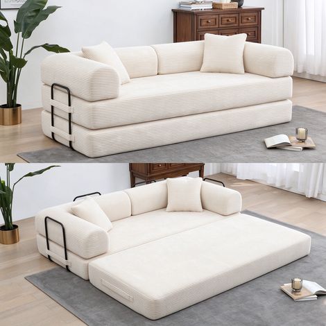 Canapé-lit 200cm de large, garnissage en mousse haute densité, convertible en canapé-lit 3 places ,avec accoudoirs beige (1/5)