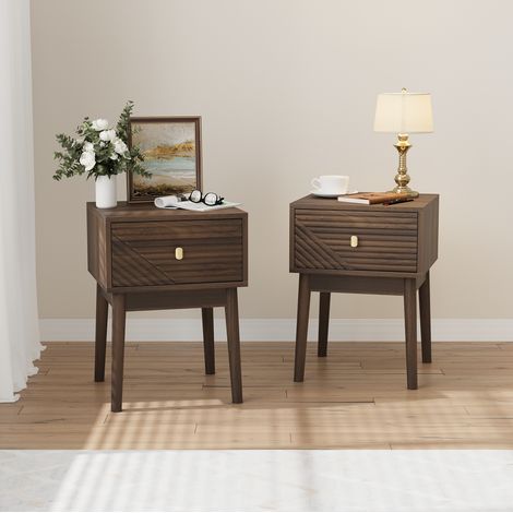 Comodino 40x40x55 cm con 2 cassetti, vano contenitore chiuso, gambe in legno, rovere chiaro - noce (1/5)