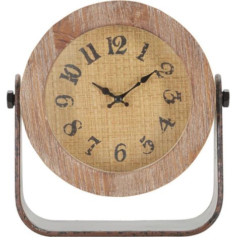 Orologio da tavolo Round vintage in legno, rattan e ferro