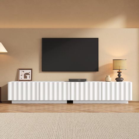 Meuble TV - 200x40x35cm - 2 tiroirs push-to-open moderne chic motif de vagues relief salon séjour - Blanc (1/5)