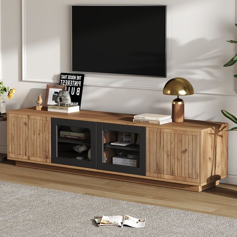 Meuble TV LED 180x40x45cm - autoportant - 2 compartiments - téléviseurs jusqu'à 75 pouces - Coloris bois naturel et noir, verre (1/5)
