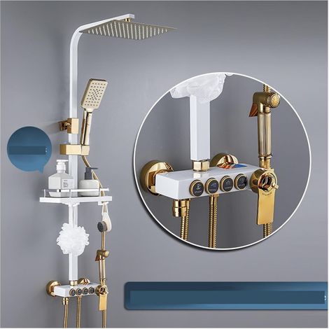 Ensemble de douche mitigeur thermostatique intelli Système de douche de salle de bain Ensemble de douche thermostatique à bouton noir en cuivre Douche de pluie à main pressurisée à 4 vitesses ( Color (1/5)