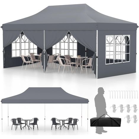 COSTWAY Carpa Plegable 3x6m, 6 Paredes Laterales Desmontables, Pergolas de Jardin Pop UP, Protección UV 50+ Impermeable, Cenadores Pabellón Jardin Exteriores gris (1/5)