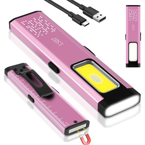 Mini Lampe De Poche Plate EDC, Cob Lampe De Travail avec Base Magnétique et Clip de Boucle, lampe de poche Rechargeable USB C, pour l'entretien, le camping, la randonnée, l'urgence(Violet)