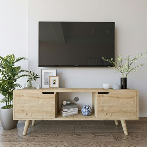 Petit meuble TV 2 portes effet bois clair poignées intégrées MARFA (1/5)