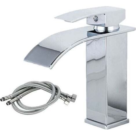 Robinet Lavabo Cascade, MISE À NIVEAU Moderne Mitigeur Salle de Bain, Robinetterie Grand Bec Carré en Laiton, Eau Chaude et Froide Disponible, argent (1/4)