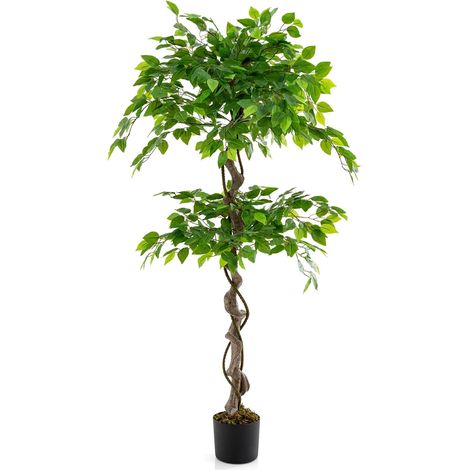 COSTWAY 150 cm Kunstpflanze grün, Künstliche Pflanze Ficus Benjamin, Dekopflanze mit natürlichem Holzstamm & Blättern, Zimmerpflanze Deko, Kunstbaum Innendekoration, für Zuhause Garten Büro (1/5)