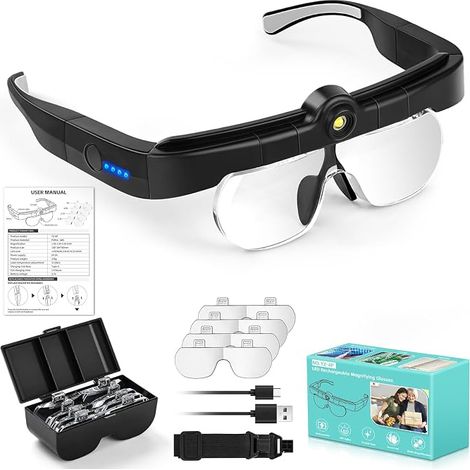 Magnifying Headband with LED Light and 3 Colour Temperature Adjustment, 4 Detachable Lenses (1.5X 2.5X 3.5X 5X), Head Lamp for Reading, Jeweler, Embroidery, Sewing, Jewellery