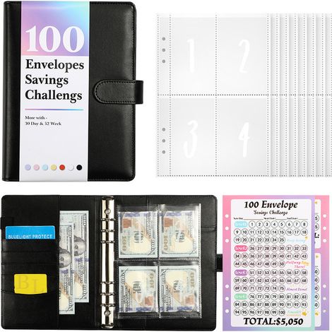 1 classeur d'épargne, défi des 100 enveloppes, A5, simili cuir bleu, avec 100 pochettes numérotées et feuille de suivi plastifiée (1/5)