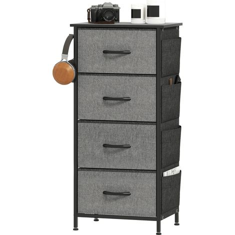 Commode gris 45 x 30 x 94,5 cm, 4 tiroirs tissu, 4 poches, 2 crochets, cadre acier (1/4)